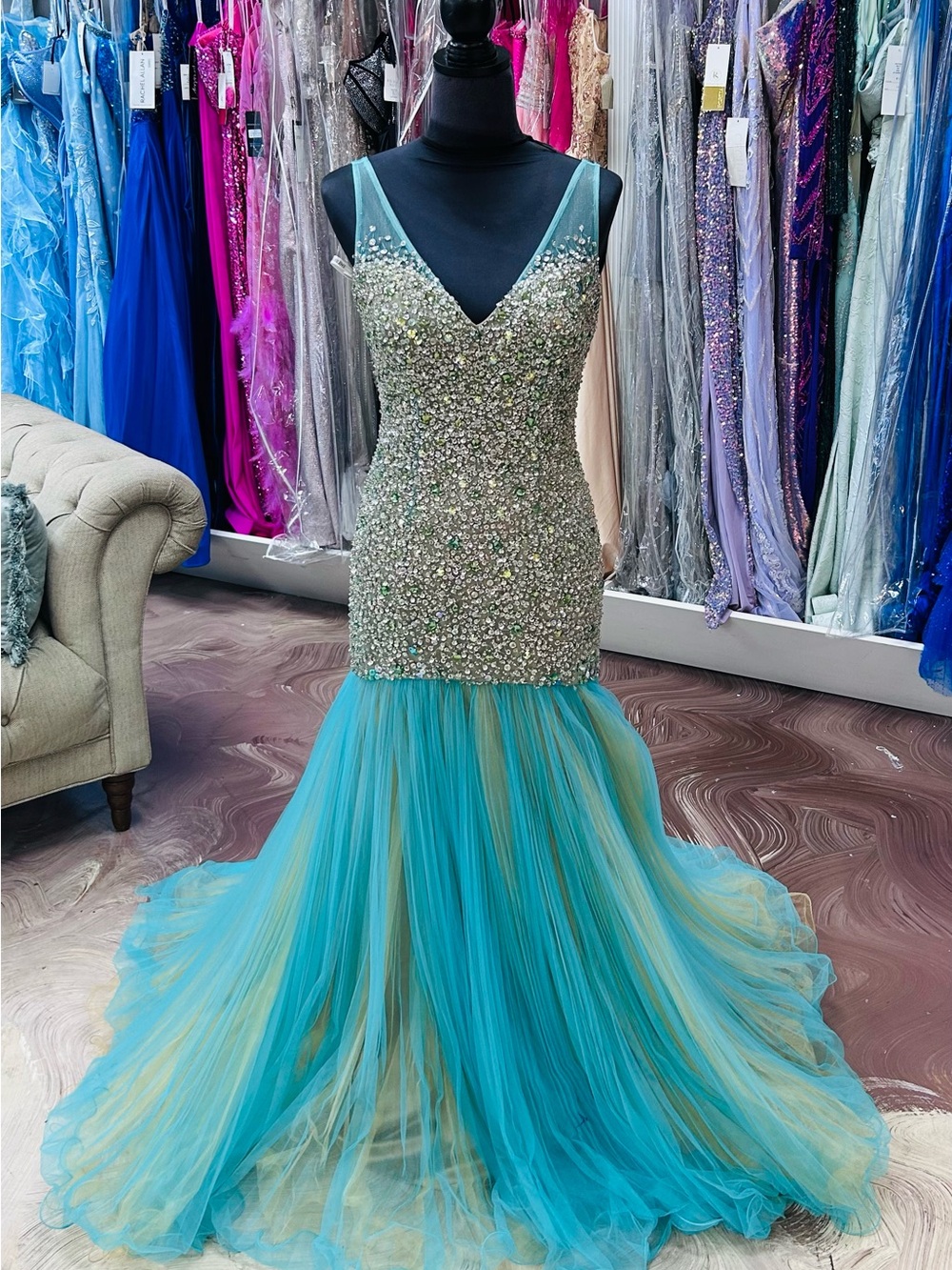 Sherri Hill Teal and Champagne Beaded Evening Dress